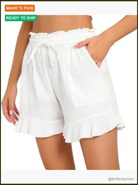 Wide Leg Linen Shorts High Waisted Drawstring Ruffle Hem Summer Casual